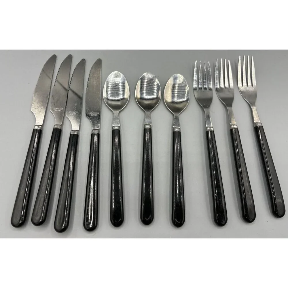 10 Pc‎ Vintage Stainless Taiwan Black Plastic Handle Flatware Silverware